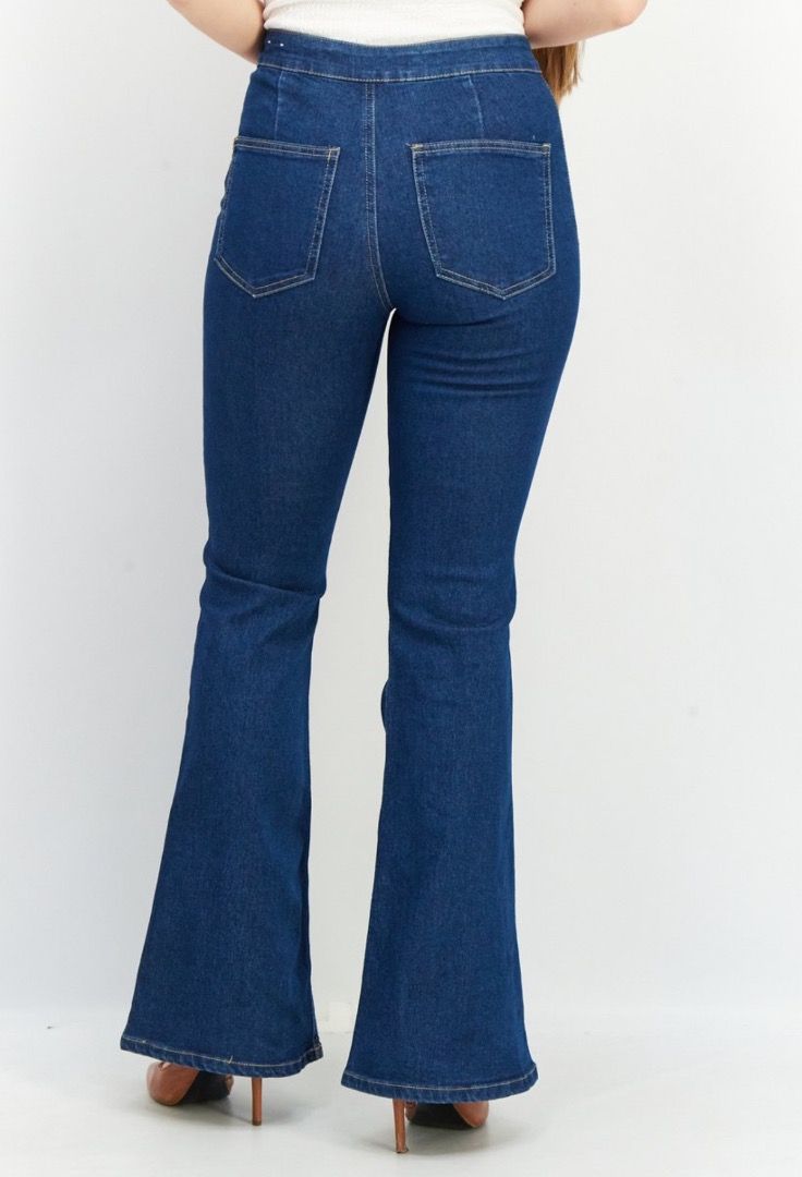 Jennyfer Dark Blue High-Waisted Flare Jeans (Category: Jeans) located in Caloocan City. Submitted by crateandbarrel (Listing ID 1467801034, Image 2). Description: - Brand: Jennyfer - Color: Dark blue wash - Fit: High-waisted, stretchable fabric - Style: Flared leg, classic design - Closure: Front button and zip - Pockets: Two back patch pockets - Waist size: 28 to 29 inches Brand new with tag .