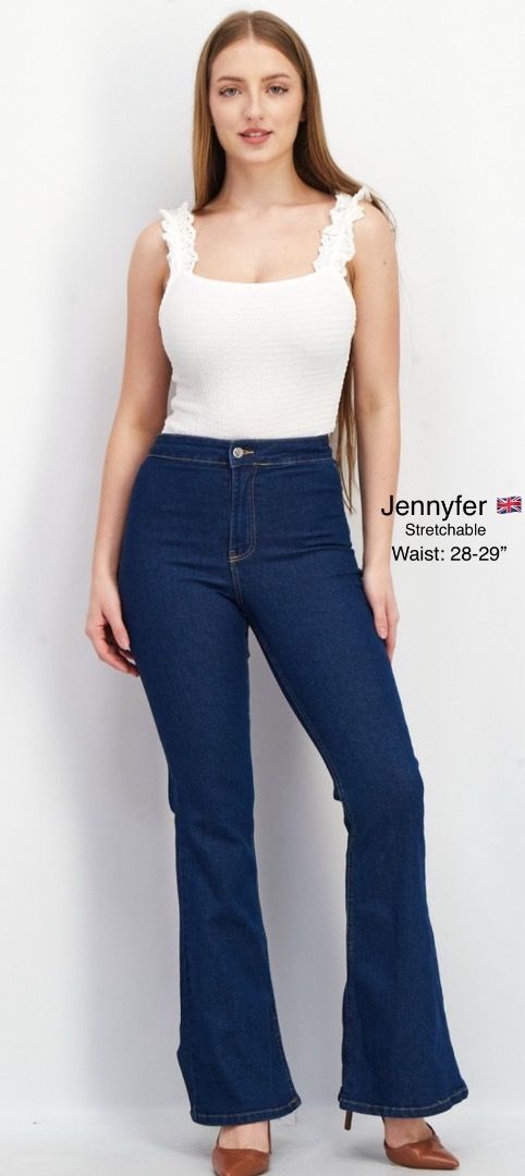 Jennyfer Dark Blue High-Waisted Flare Jeans (Category: Jeans) located in Caloocan City. Submitted by crateandbarrel (Listing ID 1467801034, Image 1). Description: - Brand: Jennyfer - Color: Dark blue wash - Fit: High-waisted, stretchable fabric - Style: Flared leg, classic design - Closure: Front button and zip - Pockets: Two back patch pockets - Waist size: 28 to 29 inches Brand new with tag .