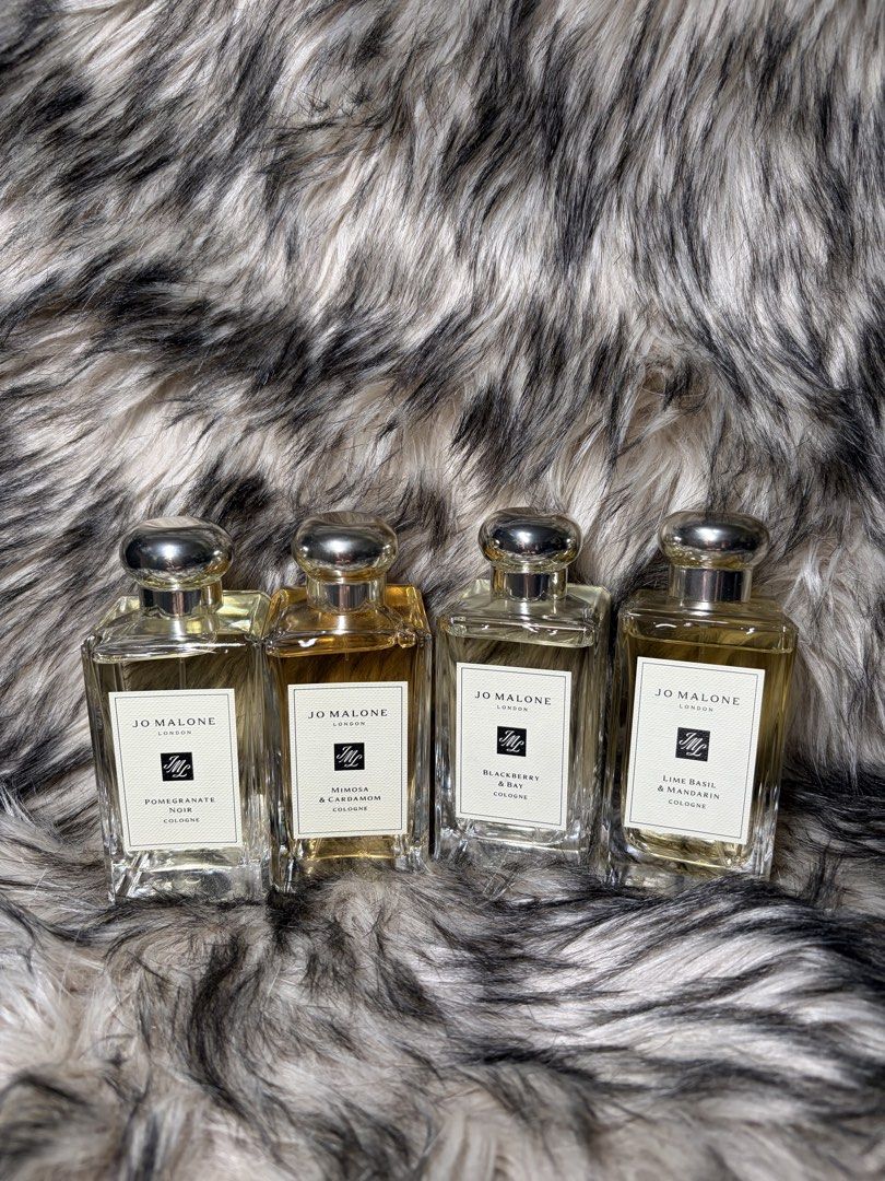 Jo Malone London (Category: Fragrance & Deodorants) located in Muntinlupa City. Submitted by charizze21 (Listing ID 1467605942, Image 1). Description: 5,300 each Scents included: Pomegranate Noir, Mimosa & Cardamom, Blackberry & Bay, Lime Basil & Mandarin - Classic glass bottles with iconic cream labels and silver caps - Perfect for mixing, layering, or as a luxury gift - Condition and fill levels as shown in photos - 100% authentic, message for 