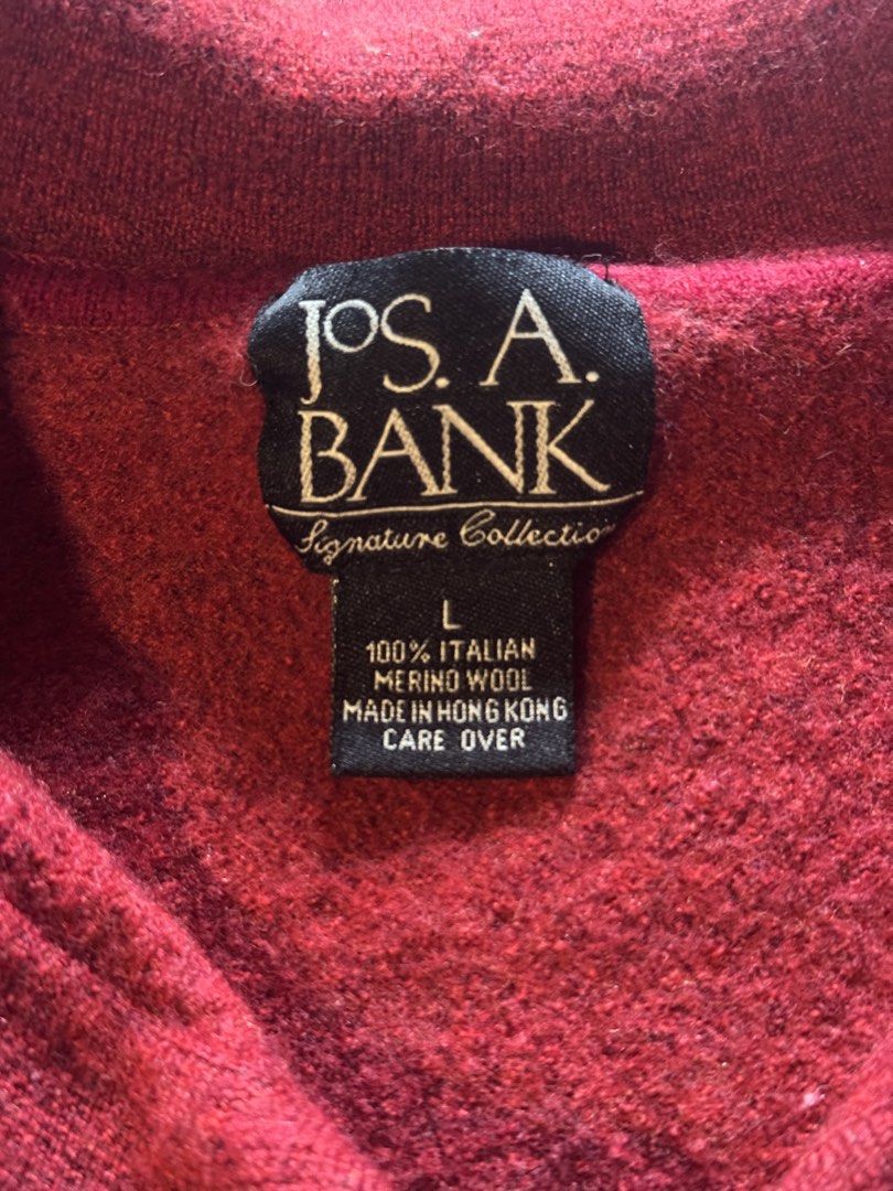 Jos. A. Bank Red Merino Wool Collared Sweater (Category: Coats, Jackets and Outerwear) located in Cebu City. Submitted by ixiaces (Listing ID 1467697913, Image 3). Description: Red collared sweater from Jos. A. Bank Signature Collection. Long sleeves, 2-button front placket, knit texture. 100% Italian merino wool material, made in Hong Kong. Size large. Deep red colorway with subtle heathered look. Warm knit construction..