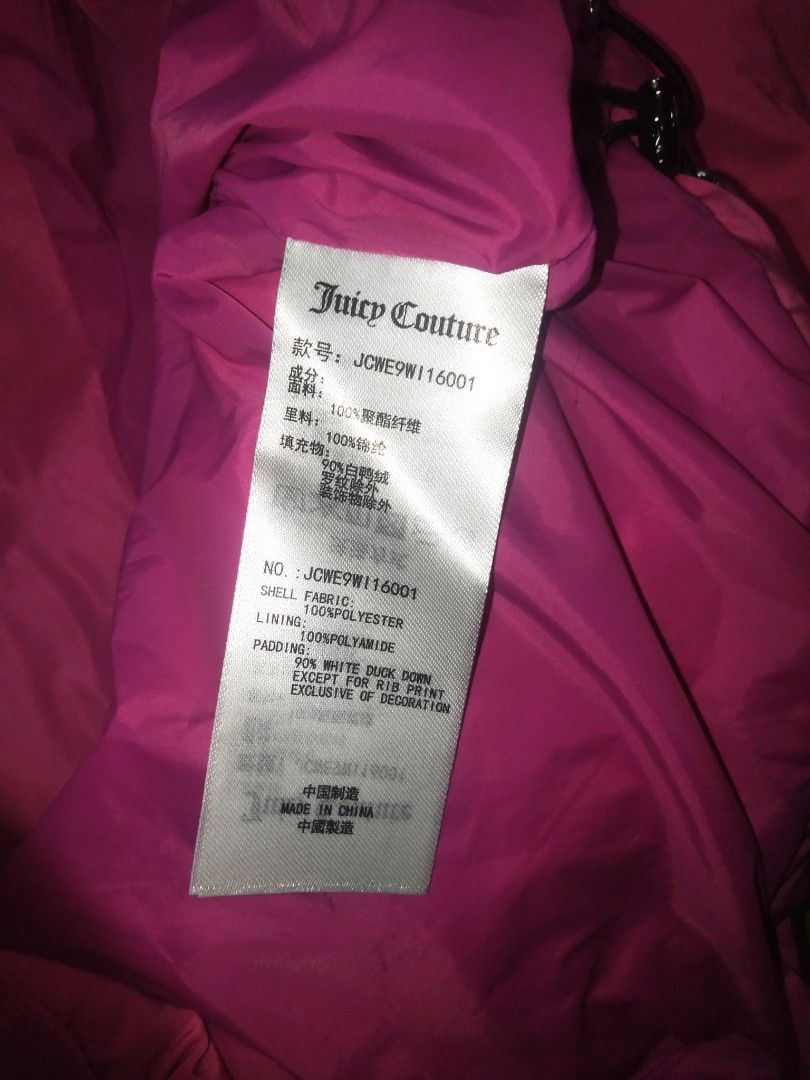 Juicy Couture Pink Puffer Jacket Size S (Category: Coats, Jackets and Outerwear) located in Manila. Submitted by jaradhiggins24 (Listing ID 1467749879, Image 3). Description: - Brand: Juicy Couture - Color: Bright Pink - Size: S - Material: 90% White Duck Down filling for ultimate warmth - Design: Diamond-quilted pattern, hooded with black branded drawstrings, and matching branded side tape down sleeves - Features: Zip-up closure and functional s