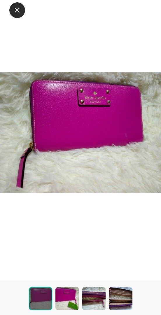 Kate Spade New York Zip Around Wallet (Category: Wallets & Card holders) located in Pasay City. Submitted by abbysantos1983 (Listing ID 1467678142, Image 3). Description: - Brand: Kate Spade New York - Color: Bright pink with gold-toned hardware and logo plaque - Interior: Beige and gold polka dot fabric lining - Organization: Multiple card slots, slip pockets, and a secure zippered coin compartment - Closure: Zip-around style - Extras: Includes 