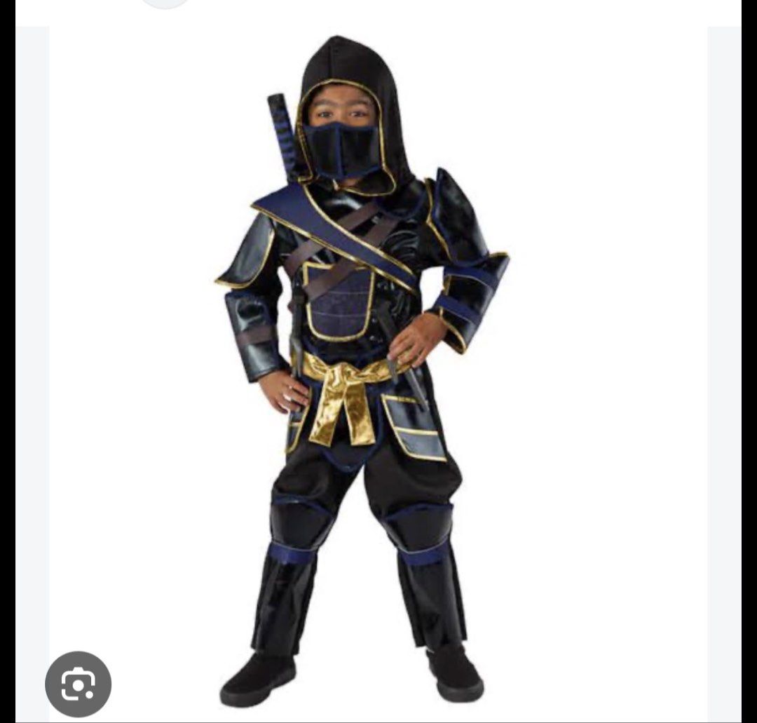 Kids Ninja Costume (Category: Babies & Kids Fashion) located in Quezon City. Submitted by kamrivera (Listing ID 1467646269, Image 2). Description: - Kids ninja costume in a cool black and gold design - Complete set includes hooded top, trousers, shoulder armor, and gold waist sash NO SWORD - Features stylish shiny faux leather panels on sleeves and shins - Perfect for Halloween, costume parties, and roleplay Size 7-8 Used once for Halloween..