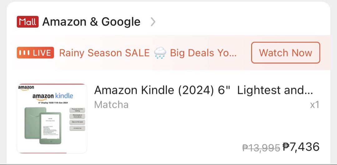 Kindle 2024 Matcha (Category: E-Readers) located in Balanga. Submitted by nikkicells (Listing ID 1467790379, Image 3). Description: - Brand: Amazon Kindle (2024 Release) - Color: Matcha - Storage: 16GB - Condition: E-ink screen damage, pre-loved with cute aesthetic stickers. White lines (lesson learned, do not use magnetic case!) - Features: Lightweight design, glare-free display, easy on the eyes - Perfect for reading anywhere, anytime Issue: se