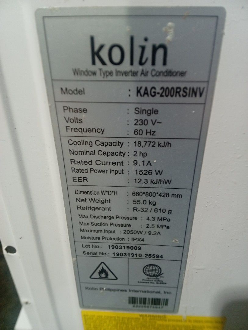 Kolin 2hp full inverter (Category: Air Conditioning and Heating) located in Manila. Submitted by jov2424 (Listing ID 1467761459, Image 3). Description: no issue of repiar cod pwede nyo pick upin.