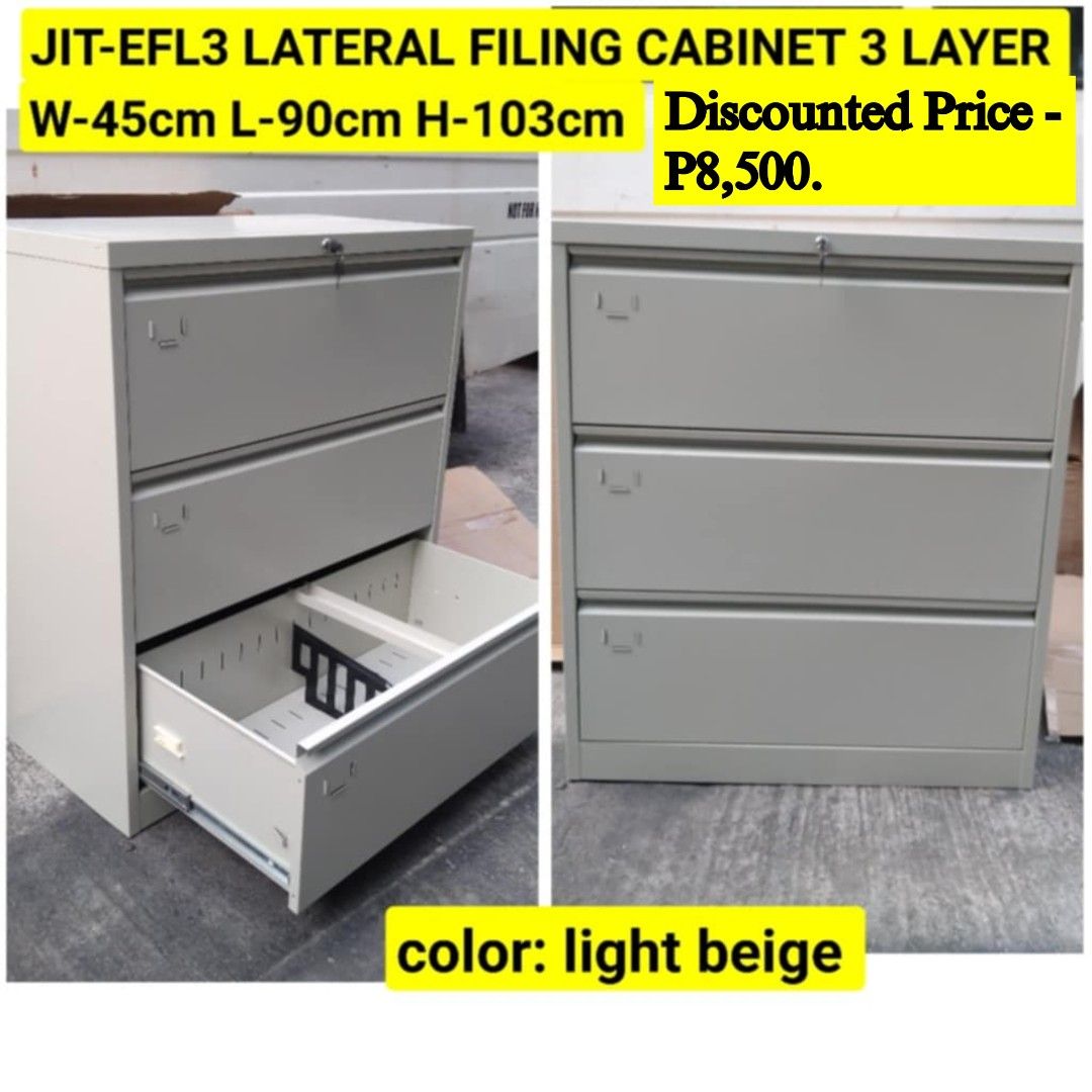 Lateral Filing Cabinet 3-Layer (Category: Shelves, Cabinets & Racks) located in Binan City. Submitted by mark.365 (Listing ID 1467827318, Image 1). Description: EFL-3 LATERAL FILING CABINET Beige 3-LAYER L-90. D-45. H-103cm P8,500. (Discounted Price).