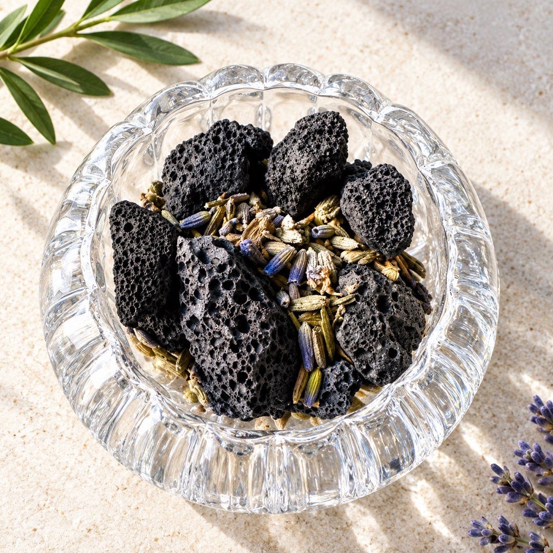 Lava Stone Aroma Diffuser (Category: Home Fragrance) located in Rizal. Submitted by VerTidiene_Shop (Listing ID 1467703211, Image 1). Description: - Product: Natural Aroma Diffuser & Tabletop Decor - Materials: Black volcanic lava stones, dried lavender buds, botanicals, and clear ribbed glass crystal bowl - How to use: Add your favorite essential oils directly onto the porous lava rocks - Perfect for: Living rooms, bedrooms, offices, or study ta