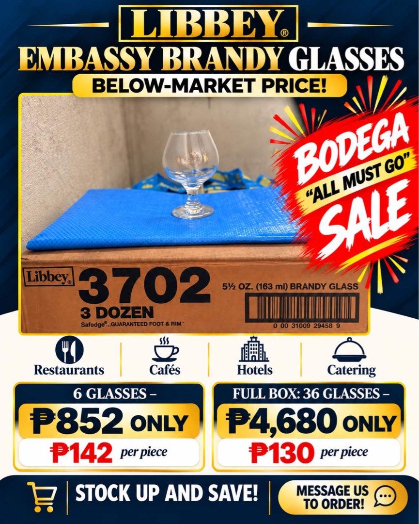 Libbey Embassy Brandy Glasses Model 3702 5.5 oz (Category: Dinnerware & Cutlery) located in Taguig. Submitted by _annaq_ (Listing ID 1467721644, Image 1). Description: Php142/pc retail, Php130/pc wholesale - Item: Libbey Embassy Brandy Glasses (Model 3702) - Capacity: 5.5 oz / 163 ml - Durability: Commercial grade with Safedge guaranteed rim and foot - Ideal for: Restaurants, cafes, hotels, catering, and home bars - Packaging: 3 dozen (36 pcs) pe