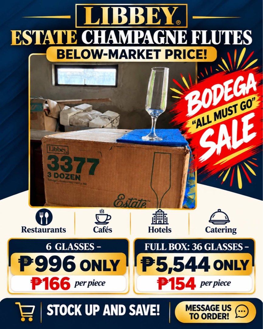 Libbey Estate Champagne Flutes Model 3377 (Category: Dinnerware & Cutlery) located in Taguig. Submitted by _annaq_ (Listing ID 1467721219, Image 1). Description: Php166/pc retail, Php154/pc wholesale - Quantity: 36 pieces (3 dozen) per box, individual sets of 6 also available - Quality: Guaranteed foot and rim durability - Ideal For: Restaurants, cafes, hotels, catering businesses, and events - Option 1 (6 pcs): ₱996 - Option 2 (Full Box - 36 pcs
