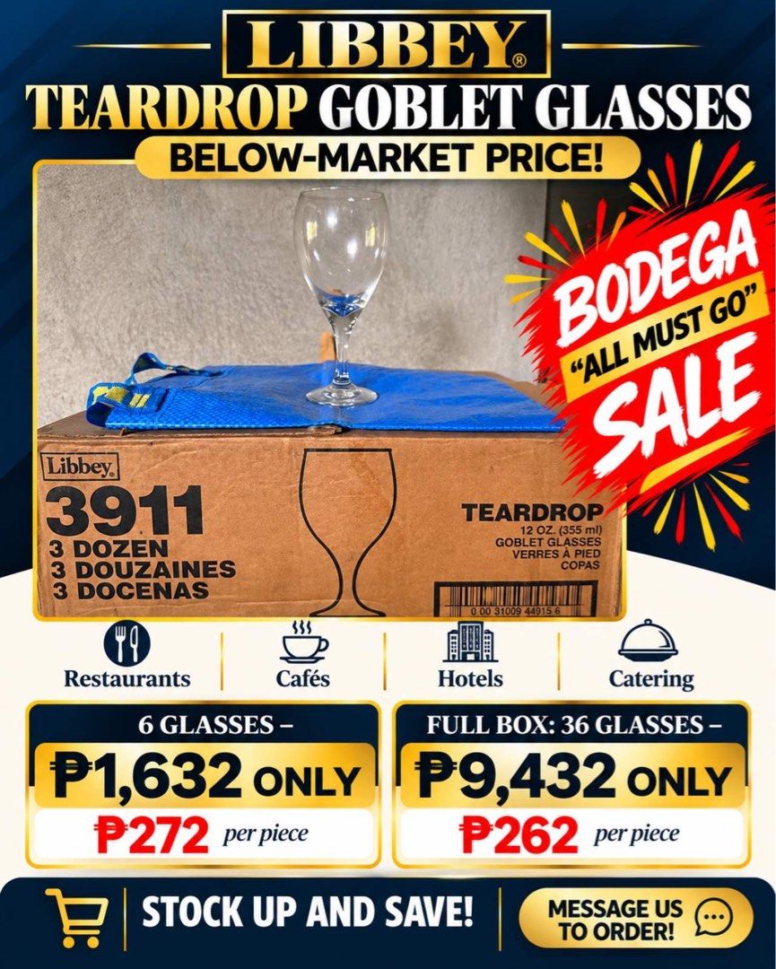 Libbey Teardrop Goblet Glasses Model 3911 12 oz (Category: Dinnerware & Cutlery) located in Taguig. Submitted by _annaq_ (Listing ID 1467722691, Image 1). Description: Php272/pc retail, Php262/pc wholesale - Item: Libbey Teardrop Goblet Glasses - Model: 3911 - Capacity: 12 oz / 355 ml - Ideal for: Restaurants, cafés, hotels, catering, and events - Available quantities: Packs of 6 or full boxes of 36 - Features: Classic clear glassware, durable an