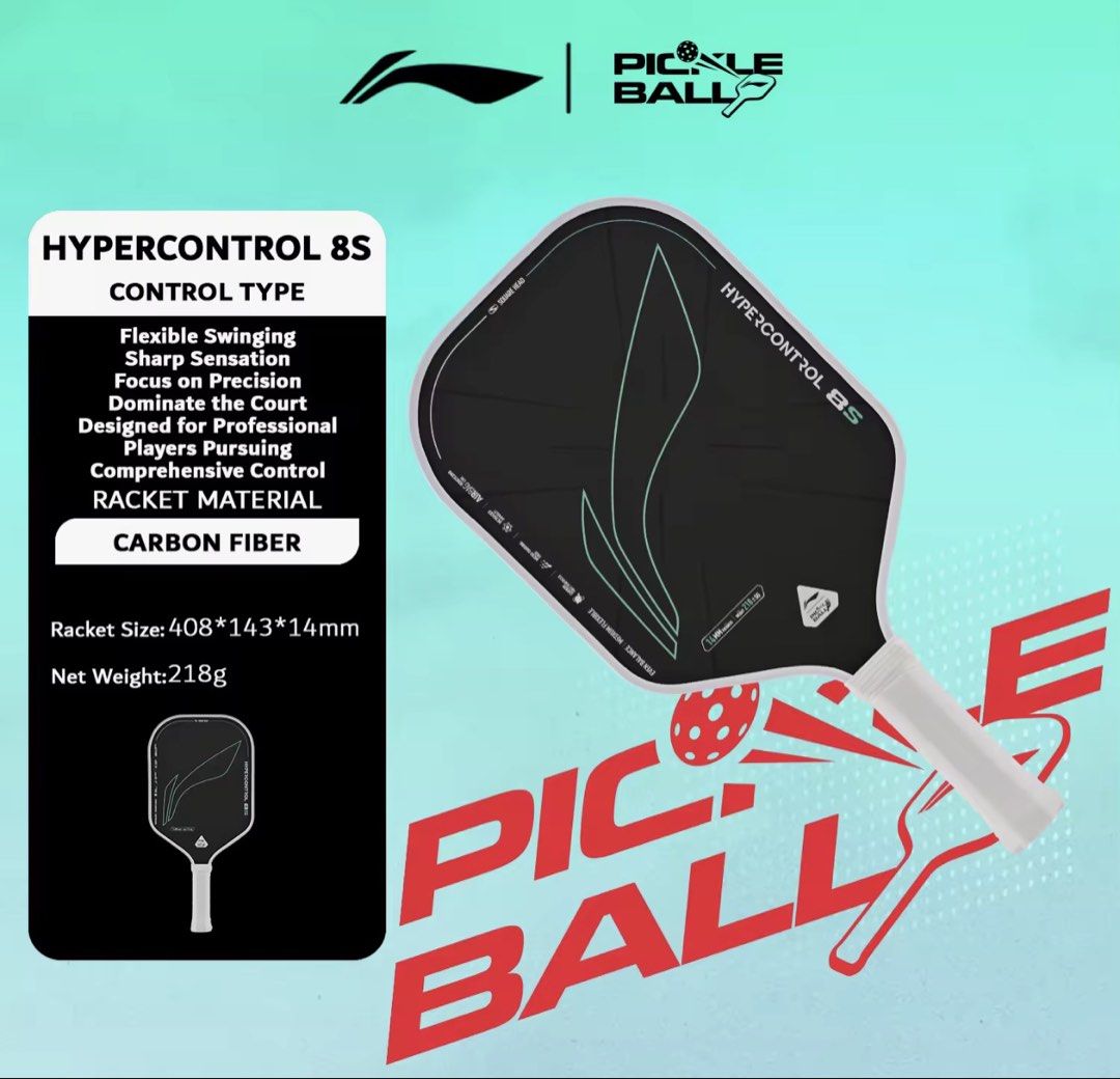 Li-Ning Hypercontrol 8S Pickleball Paddle Carbon Fiber (Category: Racket and Ball Sports) located in Manila. Submitted by laura.mnl (Listing ID 1467641160, Image 2). Description: - Brand: Li-Ning - Model: Hypercontrol 8S - Condition: Brand new, unused in original packaging sleeve and box - Shape: Square head shape for precision play - Material: Premium carbon fiber - Thickness: 14mm - Weight: 218g - Balance & Flex: Even balance with medium flexib