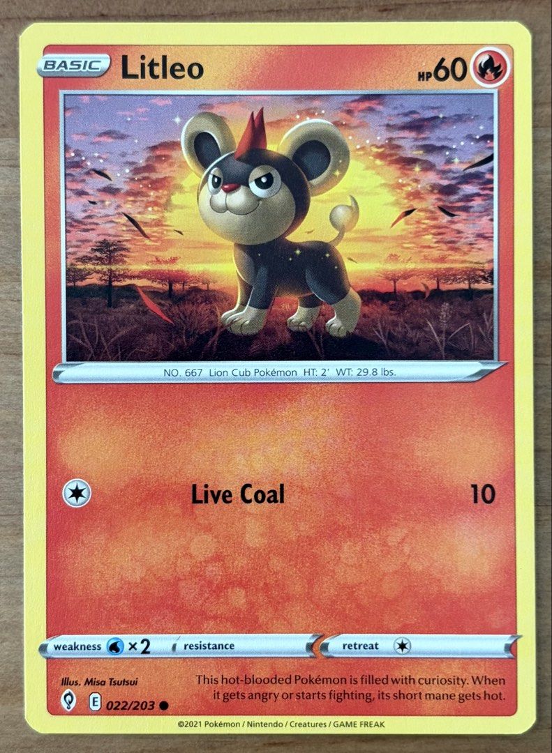 Litleo | Pokemon Cards ~ Evolving Skies (Category: Raw Singles) located in Makati City. Submitted by cardlab (Listing ID 1467607599, Image 1). Description: Items are 💯 authentic/original/legit. About The Card: •Language: EN • Number: 022/203 • Common • Normal FOR: • Cards ₱99 and below with Card Sleeves • Cards ₱100 and up with Card Sleeves and Used Toploader • ₱10 for Bnew Tops Packaging (If Shipping): ✔️ Plastic cover ✔️ Cardboard ✔️ Bubble wr