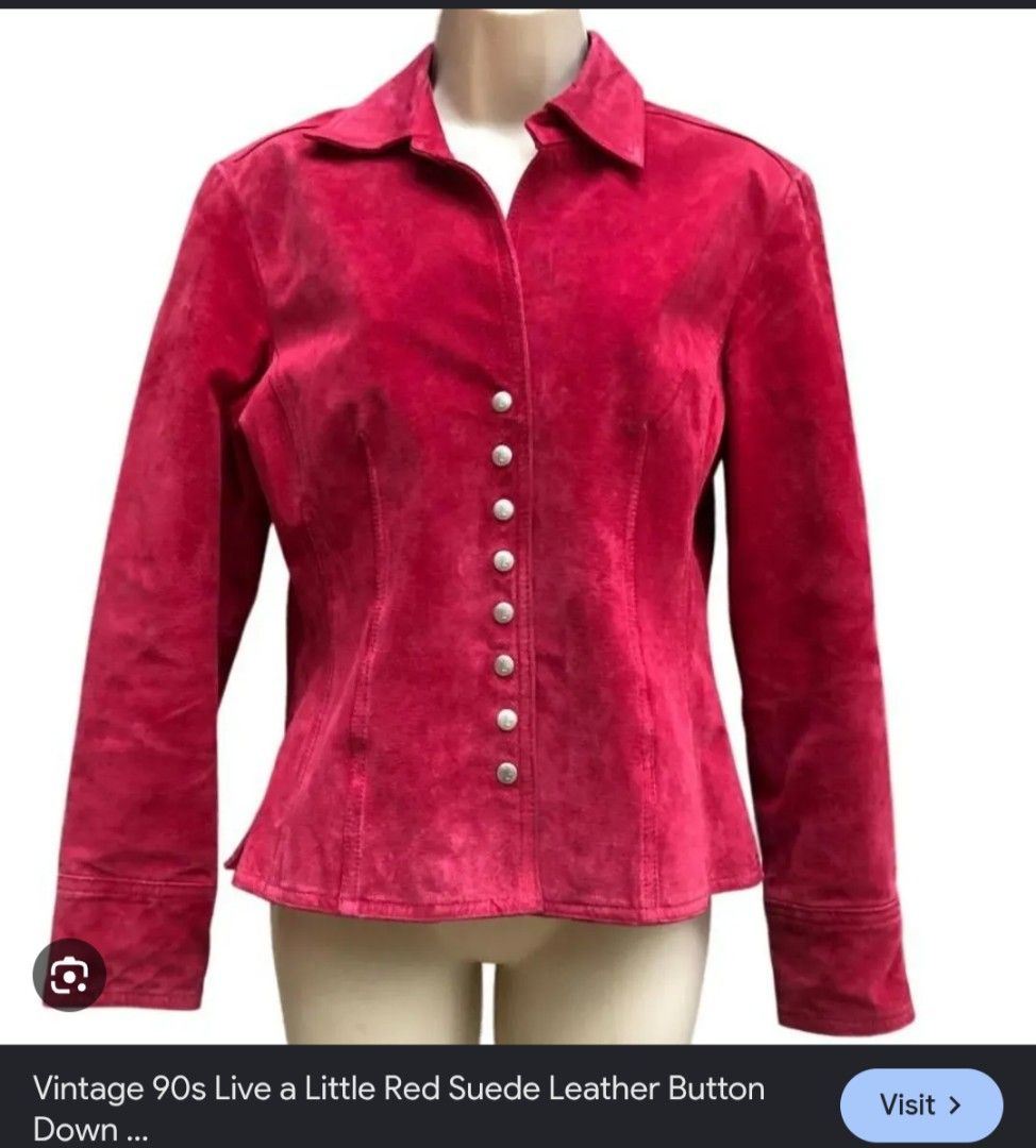 Live a Little Red Suede Leather Jacket PP (Category: Coats, Jackets and Outerwear) located in Imus. Submitted by darylg88358770 (Listing ID 1467766691, Image 1). Description: - Brand: Live a Little - Material: 100% genuine leather suede - Color: Red - Size: PP - Style: Vintage 90s Y2K - Details: Button-down front with floral cutout embroidery on collar, hem, and cuffs - Style Number: 5167WSP the items trifted fresh from bale need wash dimes 15.5w