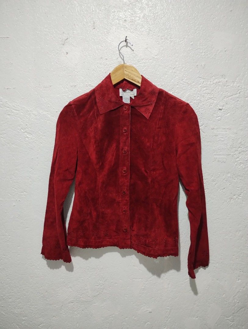 Live a Little Red Suede Leather Jacket PP (Category: Coats, Jackets and Outerwear) located in Imus. Submitted by darylg88358770 (Listing ID 1467766691, Image 2). Description: - Brand: Live a Little - Material: 100% genuine leather suede - Color: Red - Size: PP - Style: Vintage 90s Y2K - Details: Button-down front with floral cutout embroidery on collar, hem, and cuffs - Style Number: 5167WSP the items trifted fresh from bale need wash dimes 15.5w