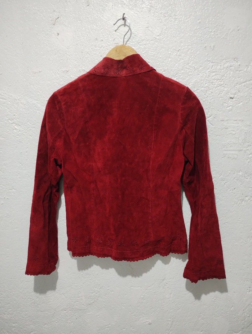 Live a Little Red Suede Leather Jacket PP (Category: Coats, Jackets and Outerwear) located in Imus. Submitted by darylg88358770 (Listing ID 1467766691, Image 3). Description: - Brand: Live a Little - Material: 100% genuine leather suede - Color: Red - Size: PP - Style: Vintage 90s Y2K - Details: Button-down front with floral cutout embroidery on collar, hem, and cuffs - Style Number: 5167WSP the items trifted fresh from bale need wash dimes 15.5w