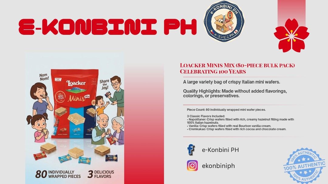 Loacker Minis Mix 80-Piece Bulk Pack Wafer (Category: Packaged & Instant Food) located in Quezon City. Submitted by jcn27 (Listing ID 1467645374, Image 2). Description: - 100th Anniversary Edition: Loacker Minis Mix bulk pack - 80 individually wrapped mini wafer pieces - Three classic flavors: Napolitaner (hazelnut), Vanilla, and Cremkakao (chocolate) - Premium Italian quality: Crisp wafers with rich cream fillings - Natural goodness: No added fl