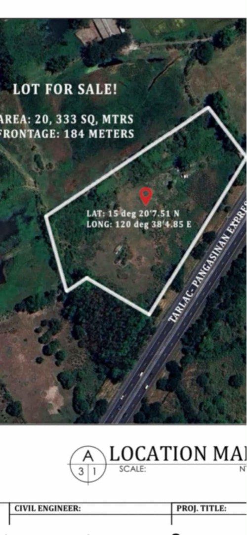 Lot for Sale SCTEX (Category: Lot) located in Manila. Submitted by rikameoron (Listing ID 1467824806, Image 1). Description: - Total Land Area: 2.3 hectares - Frontage: 184 meters along the main road - Location: Central Luzon, highly accessible near SCTEX (Coordinates: 15 deg 20'7.51 N, 120 deg 38'4.85 E) - Accessibility: Directly next to major highway access - Documentation: Clean paperwork, ready for immediate transfer - Ideal For: Commercial, 