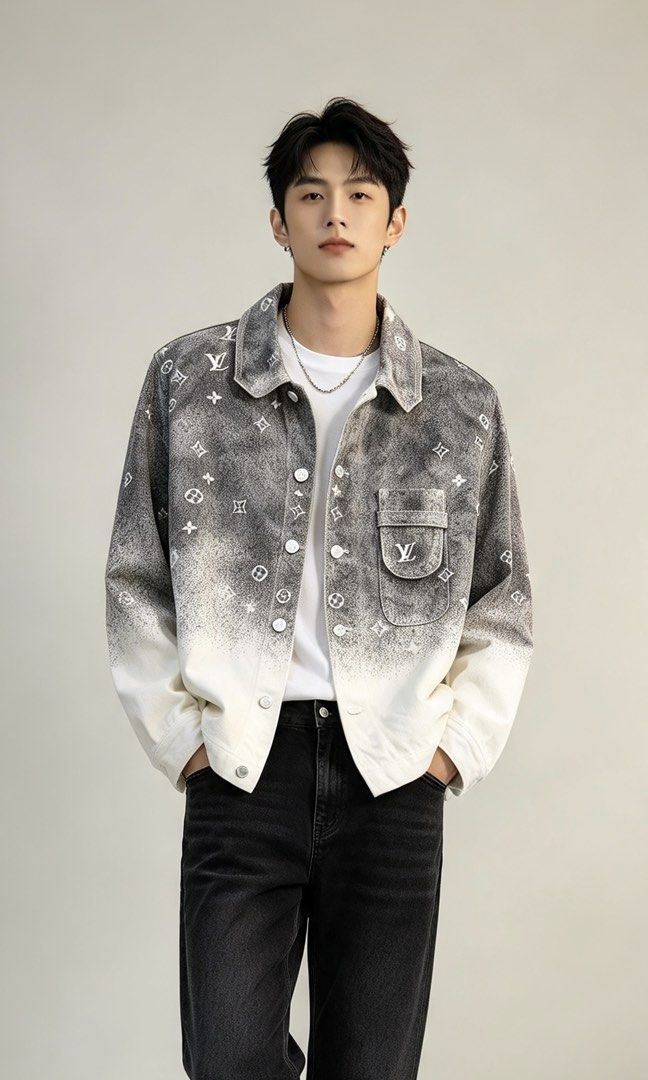 Louis Vuitton Monogram Spray Denim Jacket (Category: Coats, Jackets and Outerwear) located in Paranaque City. Submitted by mykapoynton (Listing ID 1467807799, Image 1). Description: Louis Vuitton Monogram Spray Denim Jacket - Size: S - Material: 100% Cotton (Made in Italy) - Design: Gradient grey and white spray effect with all-over classic monogram pattern - Details: Metal chain inside the collar, LV engraved buttons, and single chest pocket wit