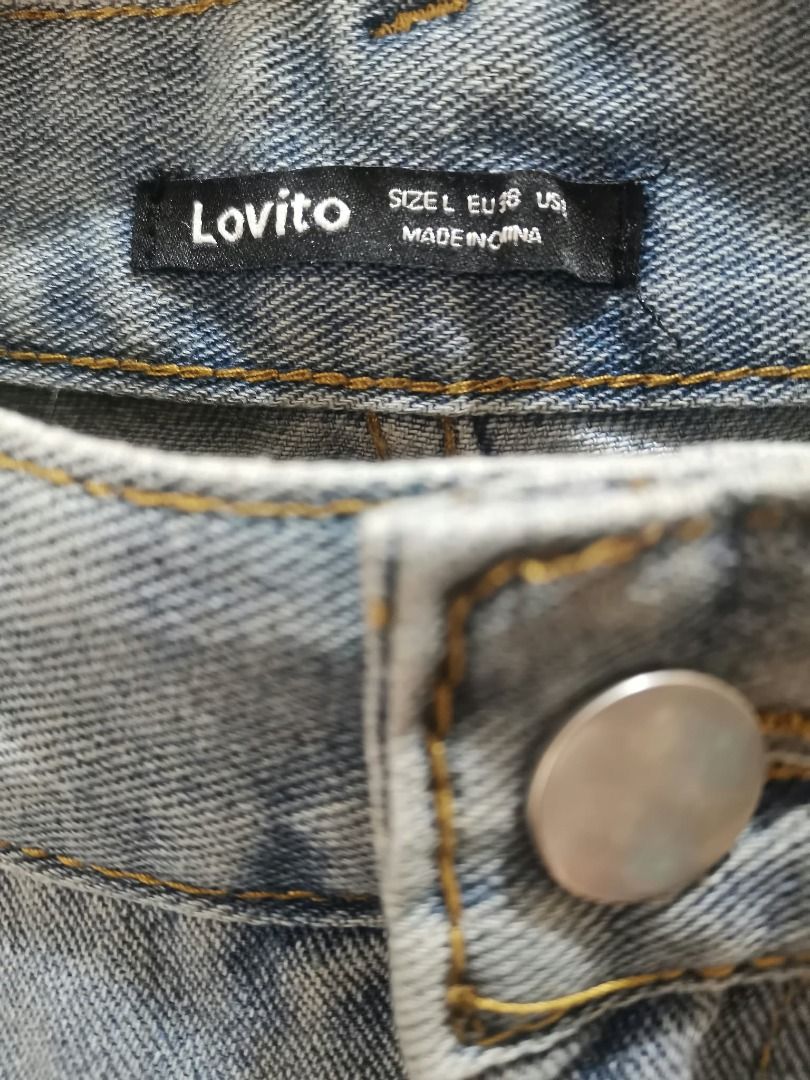 Lovito Blue Denim Jeans Size L EU 38 (Category: Skirts) located in Manila. Submitted by mahanaim.67c328 (Listing ID 1467758079, Image 3). Description: - Brand: Lovito - Style: Straight cut denim jeans with classic yellow contrast stitching - Color: Light blue wash - Size: L / EU 38 - Material: 100% cotton (Made in China) - Care: Machine washable up to 30°C - Condition: Great for pairing with basic tees and sneakers for an effortless casual look.