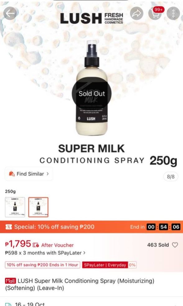 Lush Super Milk Conditioning Hair Primer (Category: Hair) located in Bacolod City. Submitted by declutteringofawhimsygirl (Listing ID 1467658623, Image 3). Description: ❗️FINAL SALE❗️ Lush Conditioning Hair Primer 250g Bought it from the 🍊 app. Sprayed once only. The scent is not for me.