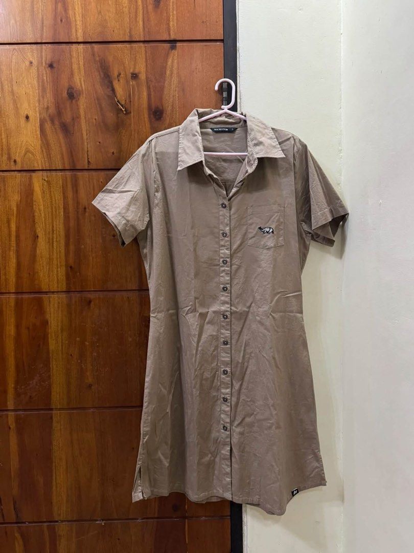 Macbeth Brown Short Sleeve Button-Down Shirt Dress (Category: Dresses) located in Santo Tomas. Submitted by toughu (Listing ID 1467724204, Image 1). Description: - Brand: Macbeth - Color: Khaki - Short-sleeved button-down - Length: Hits around the knee - Condition: Good pre-loved / well-maintained.