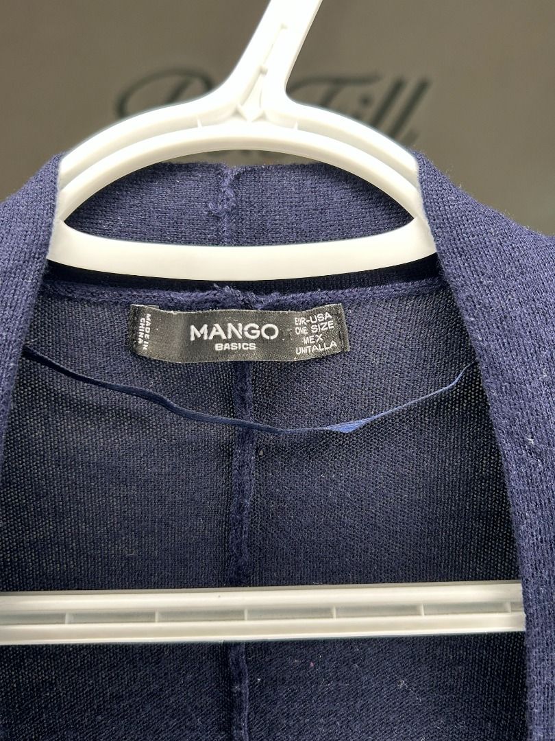 Mango Basics Navy Blue Cardigan One Size (Category: Coats, Jackets and Outerwear) located in Taguig. Submitted by re.wear.mnl (Listing ID 1467705223, Image 3). Description: - Brand: Mango Basics - Color: Navy blue with white and dark contrast stripes - Style: Open front draped cardigan - Fit: Relaxed, oversized, one-size-fits-all, Length: 28 inches - Perfect for: Easy layering and casual everyday outfits.