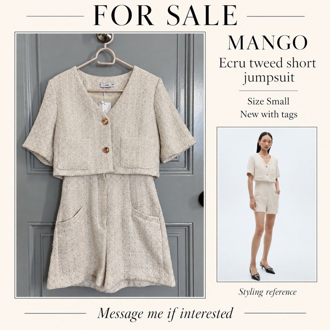 MANGO ecru tweed short jumpsuit (Category: Rompers) located in Makati City. Submitted by shoppingandthecity (Listing ID 1467614034, Image 1). Description: MANGO ecru tweed short jumpsuit for sale 🤍 Short sleeves, a V-neck, gold-tone buttons and pockets, with subtle sparkle in the tweed. A polished one-piece outfit for lunches, dinners or occasions. Size Small — ₱1,500 Brand new, never worn, with tag attached.