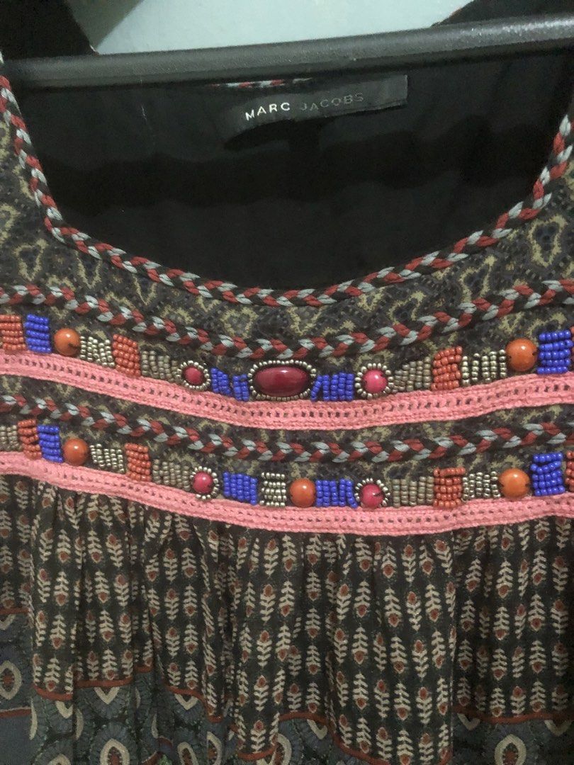 SELLING VERY LOW !!Marc Jacobs Embellished Pattern Dress Size 6 (Category: Dresses) located in Quezon City. Submitted by unique2shop (Listing ID 1467641493, Image 2). Description: - Brand: Marc Jacobs - Size: 6 - Color: Dark grey with colorful patterned panels and pink piping - Details: Beaded neckline trim, square neckline, and long sleeves with ruffled cuffs - Lining: Fully lined interior - Note: Measurements and fit details available upon requ