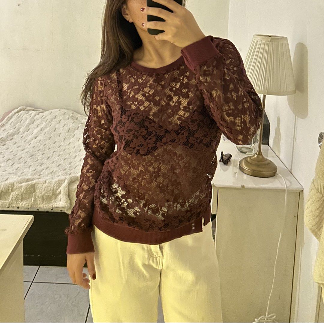 Maroon sheer lace long sleeve top (Category: Longsleeves) located in Quezon City. Submitted by bae.randa (Listing ID 1467628745, Image 2). Description: - Color: Maroon - Material: Sheer floral lace see thru.