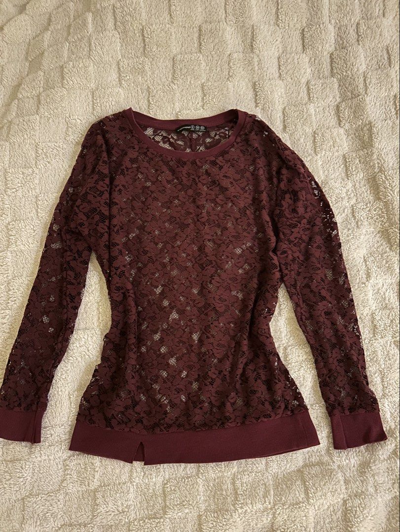 Maroon sheer lace long sleeve top (Category: Longsleeves) located in Quezon City. Submitted by bae.randa (Listing ID 1467628745, Image 1). Description: - Color: Maroon - Material: Sheer floral lace see thru.