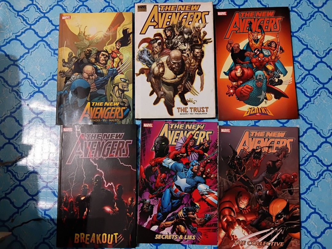 Marvel Comics New avengers (Category: Comics & Manga) located in Las Pinas. Submitted by celcarillo (Listing ID 1467801925, Image 1). Description: - Item: Marvel The New Avengers Graphic Novel Bundle (Set of 6) - Volumes Included: Breakout, The Trust, Sentry, Secrets & Lies, and The Collective - Author: Brian Michael Bendis (with various artists) - Featured Characters: Iron Man, Captain America, Wolverine, Spider-Man, Luke Cage, and Doctor Strang