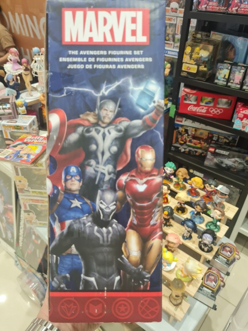 Marvel The Avengers Figurine Set 7 Action Figures (Category: Figurines & Statues) located in Quezon City. Submitted by anjrache (Listing ID 1467834861, Image 3). Description: - Official Marvel The Avengers action figure boxed set - Includes 7 heroes: Black Widow, Doctor Strange, Iron Man, Hulk, Captain America, Thor, and Black Panther - Figures are securely strapped inside original window display packaging - Box has standard shelf wear, items ins