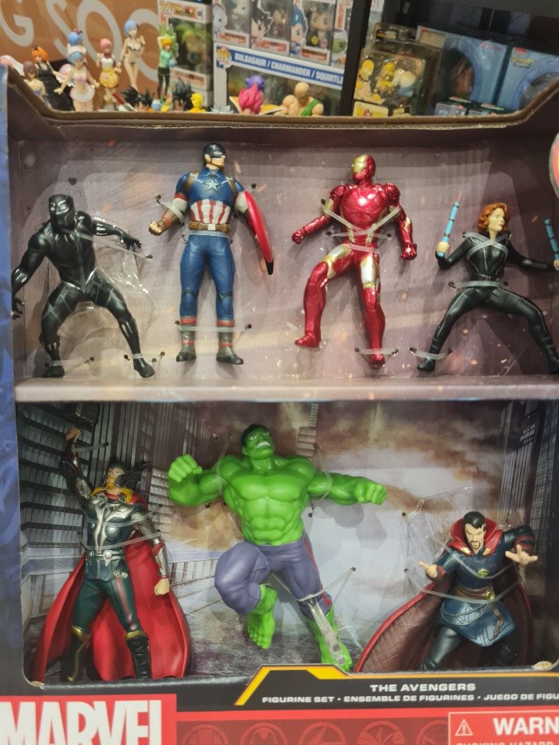 Marvel The Avengers Figurine Set 7 Action Figures (Category: Figurines & Statues) located in Quezon City. Submitted by anjrache (Listing ID 1467834861, Image 2). Description: - Official Marvel The Avengers action figure boxed set - Includes 7 heroes: Black Widow, Doctor Strange, Iron Man, Hulk, Captain America, Thor, and Black Panther - Figures are securely strapped inside original window display packaging - Box has standard shelf wear, items ins