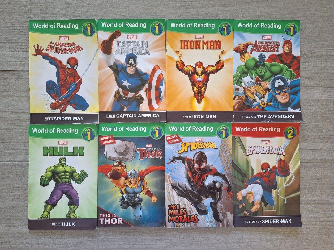 Marvel World of Reading Level 1 & 2 Book Bundle Set (Category: Children's Books) located in Batangas. Submitted by tins_closet88 (Listing ID 1467653311, Image 1). Description: - Set of 8 Marvel World of Reading superhero books - Features Spider-Man, Captain America, Iron Man, The Avengers, Hulk, Thor, and Miles Morales - Mostly Level 1 readers, includes one Level 2 book - 2 books include stickers inside - Clean covers, stacked flat and ready for 