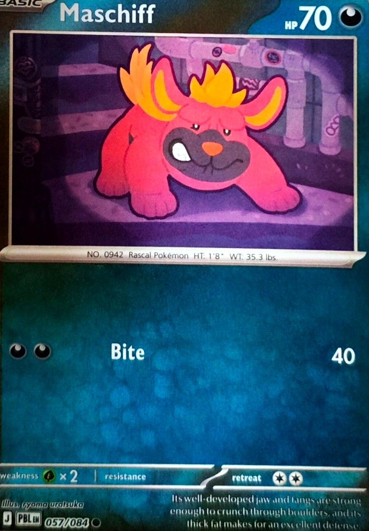 Maschiff (Category: Raw Singles) located in Las Pinas. Submitted by funtoys18 (Listing ID 1467642510, Image 1). Description: - Card Name: Maschiff - Type: Dark | HP: 70 - Attack: Bite (40 damage) - Card Number: 057/084 - Condition: Standard size, carefully stored and well-maintained.