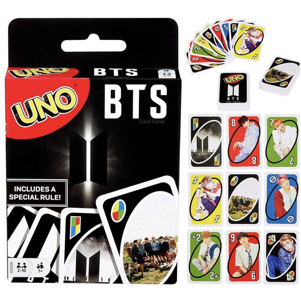 Mattel UNO BTS Card Game (Category: Board Games & Puzzles) located in Manila. Submitted by curtsysprettythings (Listing ID 1467605764, Image 1). Description: - Official Mattel UNO BTS Edition - For 2 to 10 players, ages 7 and up - Includes custom cards featuring individual BTS members - Comes with a special rule card unique to this edition - Features iconic BTS logo and group photos on the box - Perfect gift for fans, players, and collectors - Sh