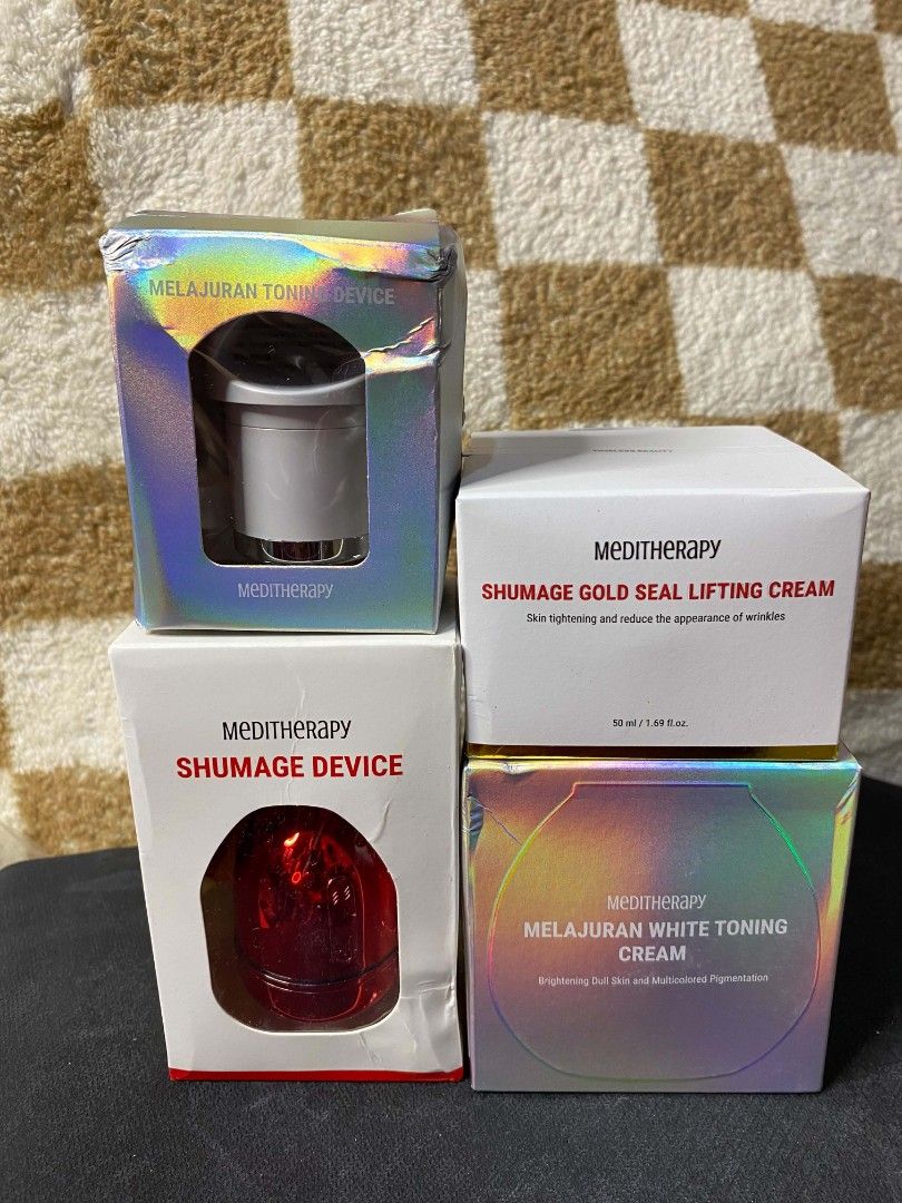 Meditherapy Skincare Devices and Creams Bundle (Category: Face Care) located in Taguig. Submitted by jerafelsan87737 (Listing ID 1467798714, Image 1). Description: - Brand new and 100% authentic Meditherapy skincare set - Selling as a complete set of 4 items in original, unopened packaging - Includes Shumage Device and Melajuran Toning Device for professional-level at-home care - Includes Shumage Gold Seal Lifting Cream for skin tightening and li