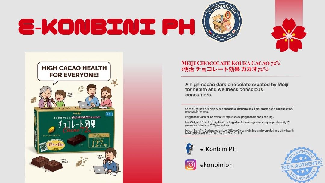 Meiji Chocolate Kouka Cacao 72% Bulk Pack (Category: Packaged & Instant Food) located in Quezon City. Submitted by jcn27 (Listing ID 1467637636, Image 2). Description: - Product: Meiji Chocolate Kouka 72% Dark Chocolate Box - Total Net Weight: 1,410g (6 inner bags, approx. 47 pieces per bag, ~282 total pieces) - Health Benefits: High-cacao snack with 127mg of cacao polyphenols per piece - Diet Friendly: Low GI rating for mindful snacking - Flavor
