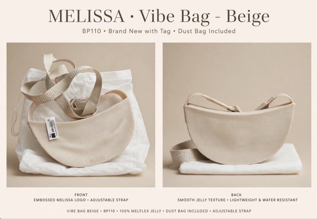 Melissa Vibe Bag Beige BP110 (Category: Cross-body Bags) located in Makati City. Submitted by ladyshadow.1026 (Listing ID 1467664712, Image 1). Description: - Model: Melissa Vibe Bag (BP110) - Color: Beige - Material: 100% Melflex jelly (smooth, lightweight, and water-resistant) - Features: Embossed Melissa logo and adjustable strap - Inclusions: Original dust bag and store tag attached - Condition: Brand new with tags.