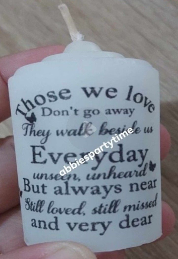 Memorial Candles (Category: Occasions & Party Supplies) located in Manila. Submitted by abbieshoti212531 (Listing ID 1467826039, Image 3). Description: A gentle flame for a lasting memory. P30 each - Personalized Memorial candles.