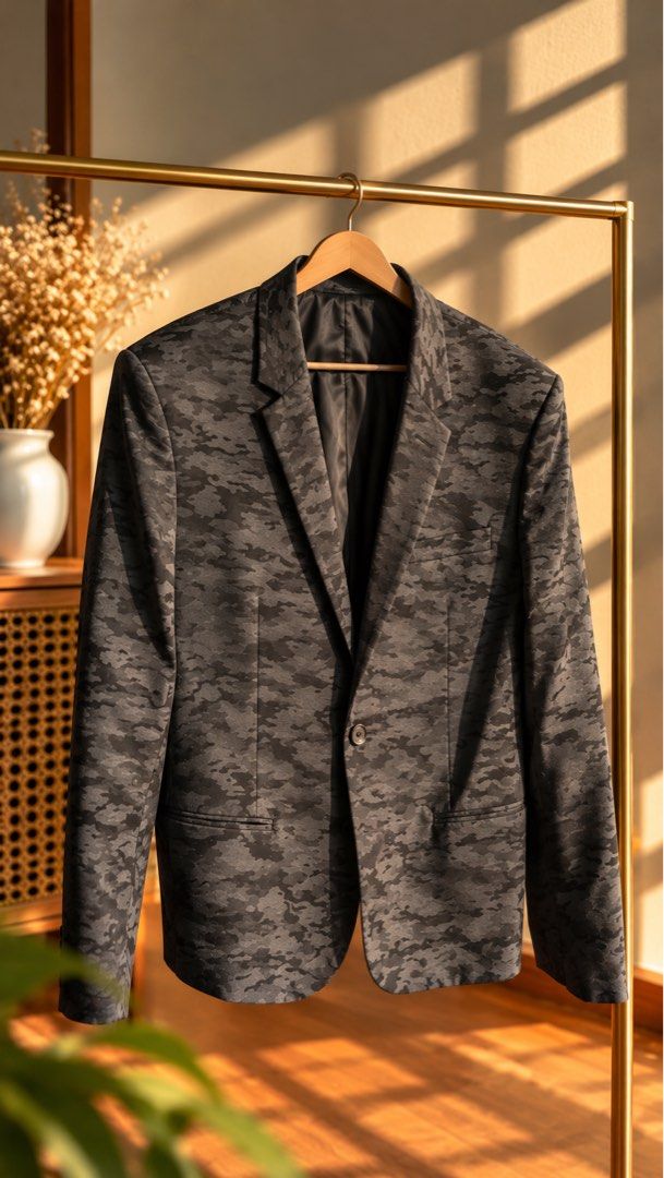 Mens Black Camouflage Pattern Single Button Blazer Suit Jacket (Category: Coats, Jackets and Outerwear) located in Muntinlupa City. Submitted by cocofinds023 (Listing ID 1467787322, Image 1). Description: - Style: Mens single-button blazer with a sharp, structured cut .