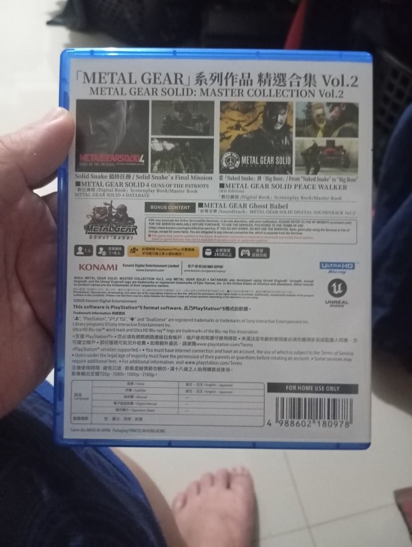 Metal Gear Solid Master Collection Vol. 2 PS5 (Category: PlayStation) located in Manila. Submitted by hikari9 (Listing ID 1467622622, Image 2). Description: - Platform: PlayStation 5 (Standard Blue Case) - Title: Metal Gear Solid Master Collection Vol. 2 - Featured Games: Metal Gear Solid 4: Guns of the Patriots, Peace Walker, and more - Language: Supports both Japanese and English - Condition: Physical disc and case on hand - Extras: Unused earl