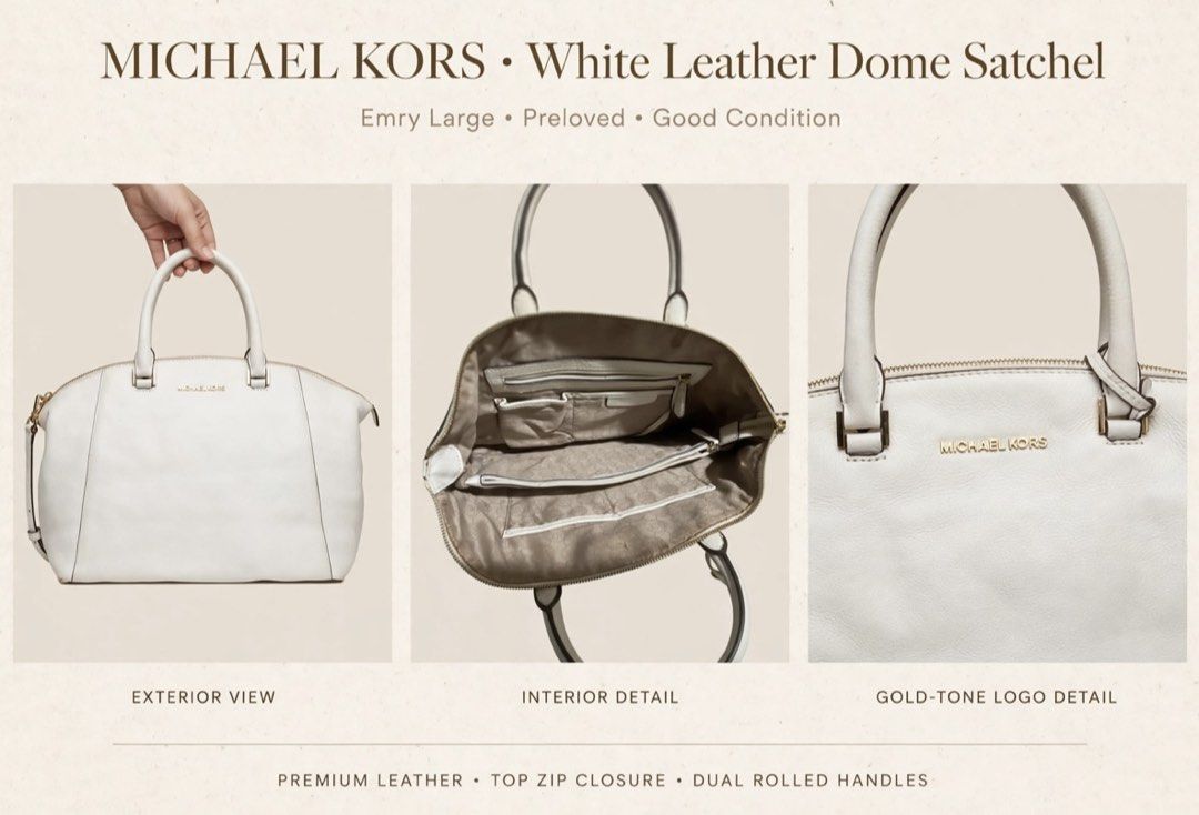 Michael Kors White Leather Dome Satchel Emry Large (Category: Luxury Bags & Wallets) located in Makati City. Submitted by ladyshadow.1026 (Listing ID 1467664309, Image 1). Description: - Authentic Michael Kors Emry large dome satchel - Color: Crisp White in premium leather - Hardware: Elegant gold-tone accents and front logo stamp - Handles: Comfortable dual rolled handles - Closure: Secure top zip closure - Interior: Fabric-lined with multiple s