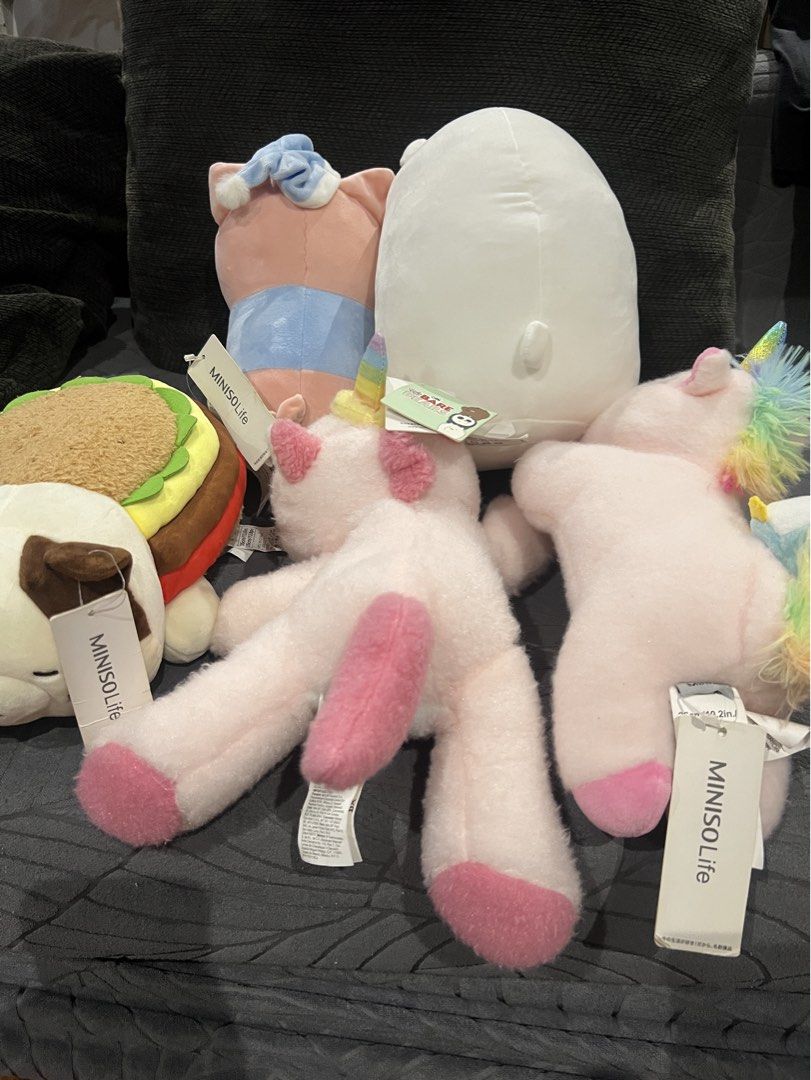 Miniso Plushies Take All (Category: Plushies & Soft Toys) located in Caloocan City. Submitted by mehina (Listing ID 1467604232, Image 2). Description: Brandnew Bear & cat 280 each Pig 250 180 unicorn 🐧 150 unicorn Can be used as a gift. .