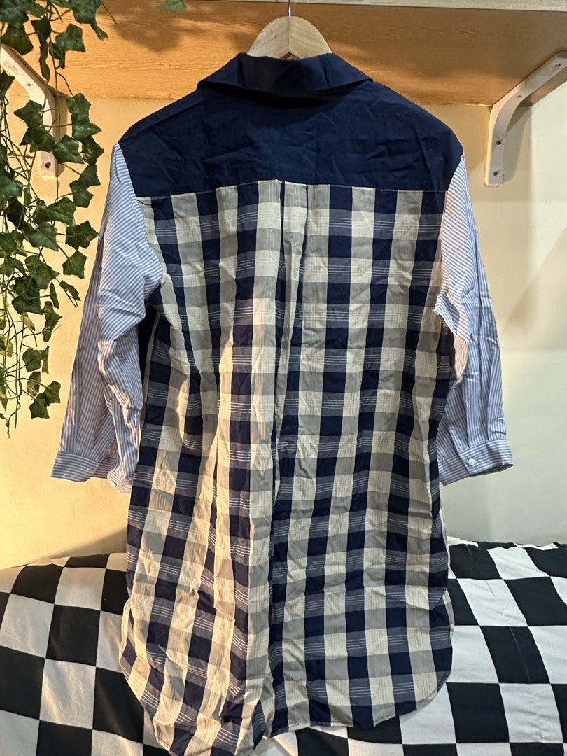 Mixed Pattern Patchwork Button Down Shirt (Category: Shirts) located in Manila. Submitted by tenshiii185 (Listing ID 1467677706, Image 2). Description: Unique patchwork button-down shirt featuring a mix of solid dark blue, plaid, and stripes. Made from lightweight and comfortable fabric with a classic collar and long sleeves. Perfect statement piece for casual everyday wear..