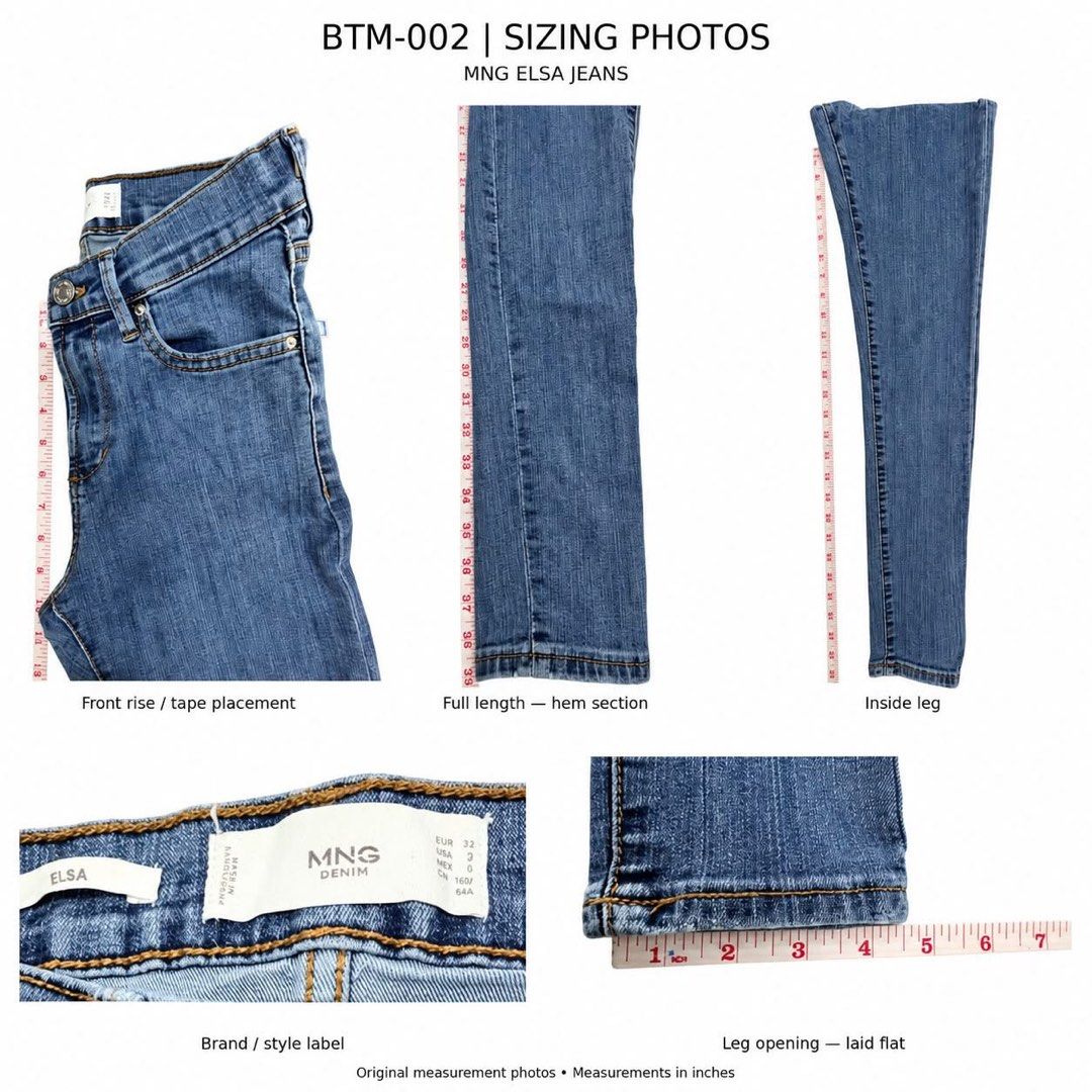 MNG Elsa Jeans Medium Blue Wash BTM-002 (Category: Jeans) located in Pasay City. Submitted by second_story_finds (Listing ID 1467636980, Image 2). Description: - Brand: MNG (Elsa fit) - Wash: Medium blue - Fit: High-waisted, skinny - Details: Classic five-pocket design, button and zip fly, branded hardware - Material: Soft denim with slight stretch - Condition/Note: Great everyday pair; model in photo is 5 ft tall for reference.
