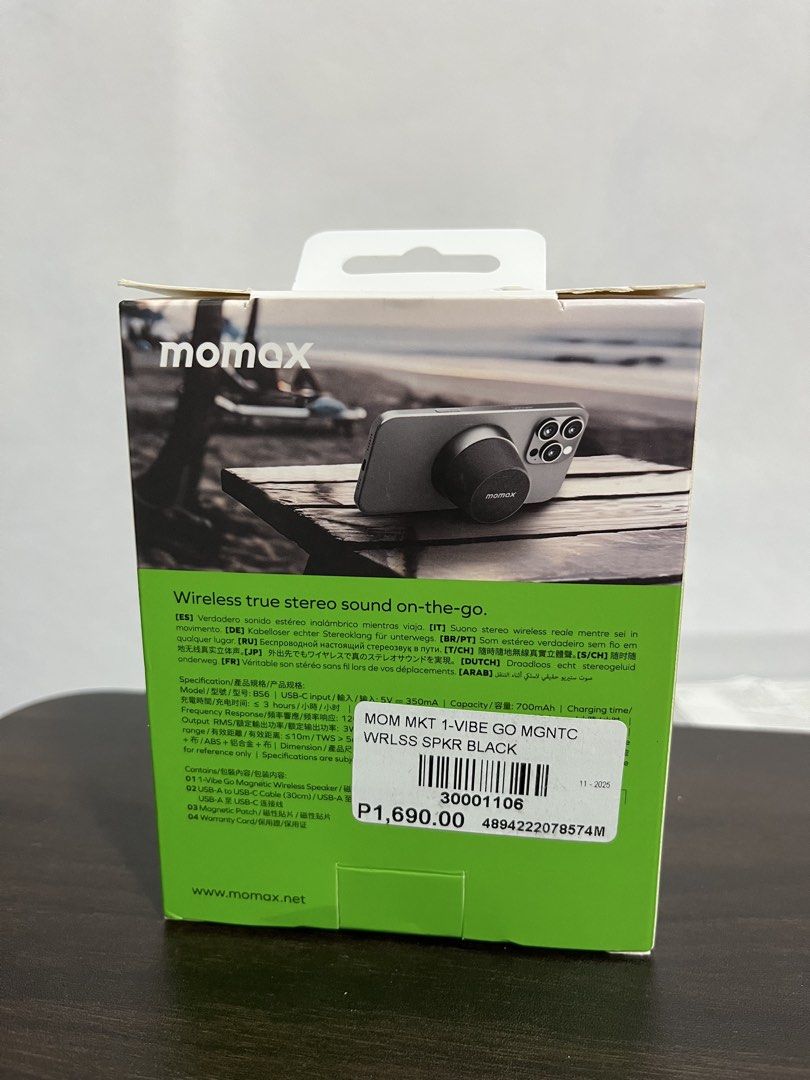MOMAX Magnetic Wireless Speaker (Category: Other Gadgets) located in Caloocan City. Submitted by bloomstoday (Listing ID 1467673581, Image 2). Description: - Brand: MOMAX - Model: 1-Vibe Go Magnetic Wireless Speaker (BS6) - Color: Black - Condition: Brand new in box - Magnetic Attachment: Snaps easily onto your phone or metal surfaces - 2-in-1 Design: Functions as both a wireless speaker and a phone stand - Sound: True Wireless Stereo (TWS) for g