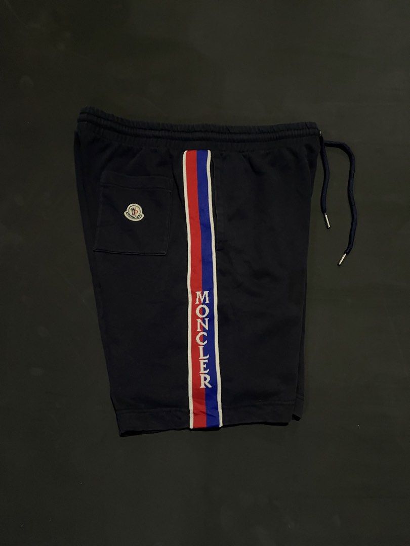 Moncler Logo-Stripe Track Shorts (Category: Luxury Apparel) located in Bocaue. Submitted by mosthighcollective (Listing ID 1467796284, Image 2). Description: Moncler Logo-Stripe Track Shorts Size: Xxl on tag (32-36 waist) Dimes: 32-36 waist 21 length Open leg: 14 Excellent condition No issue 2000 only Dm me to purchase 📥.