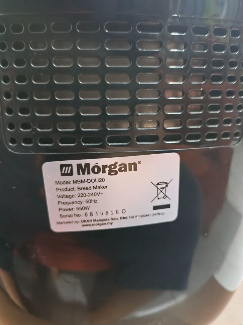 Morgan Automatic Bread Maker (2L) (Category: Breadmakers) located in Ipoh. Submitted by amir_xavier (Listing ID 1467793424, Image 2). Description: Morgan Bread Maker (2L) MBM-DOU20 * Still in good working condition. * Include with non-stick bread pan & kneading blade. * Suitable for making basic, french, whole wheat, dough, gluten-free, cake, sandwich, & bake. * Reason for selling: Rarely used, only bake bread once. Meetup, & Cod Area: Ipoh, Pera