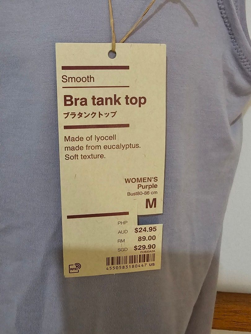 Muji Bra Tank Top Size M (Category: Sleeveless) located in Quezon City. Submitted by moanascloset (Listing ID 1467771973, Image 2). Description: - Item: Smooth bra tank top - Color: Purple - Size: Medium (M) - Material: Lyocell (sourced from eucalyptus for an ultra-soft feel) - Condition: Brand new with original retail tag attached.